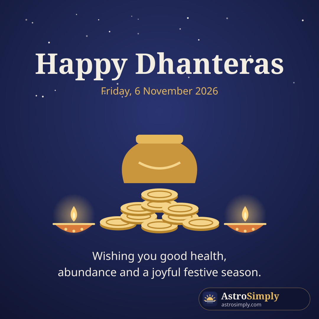 Happy Dhanteras greeting with a pot of gold coins and diyas, Friday 6 November 2026