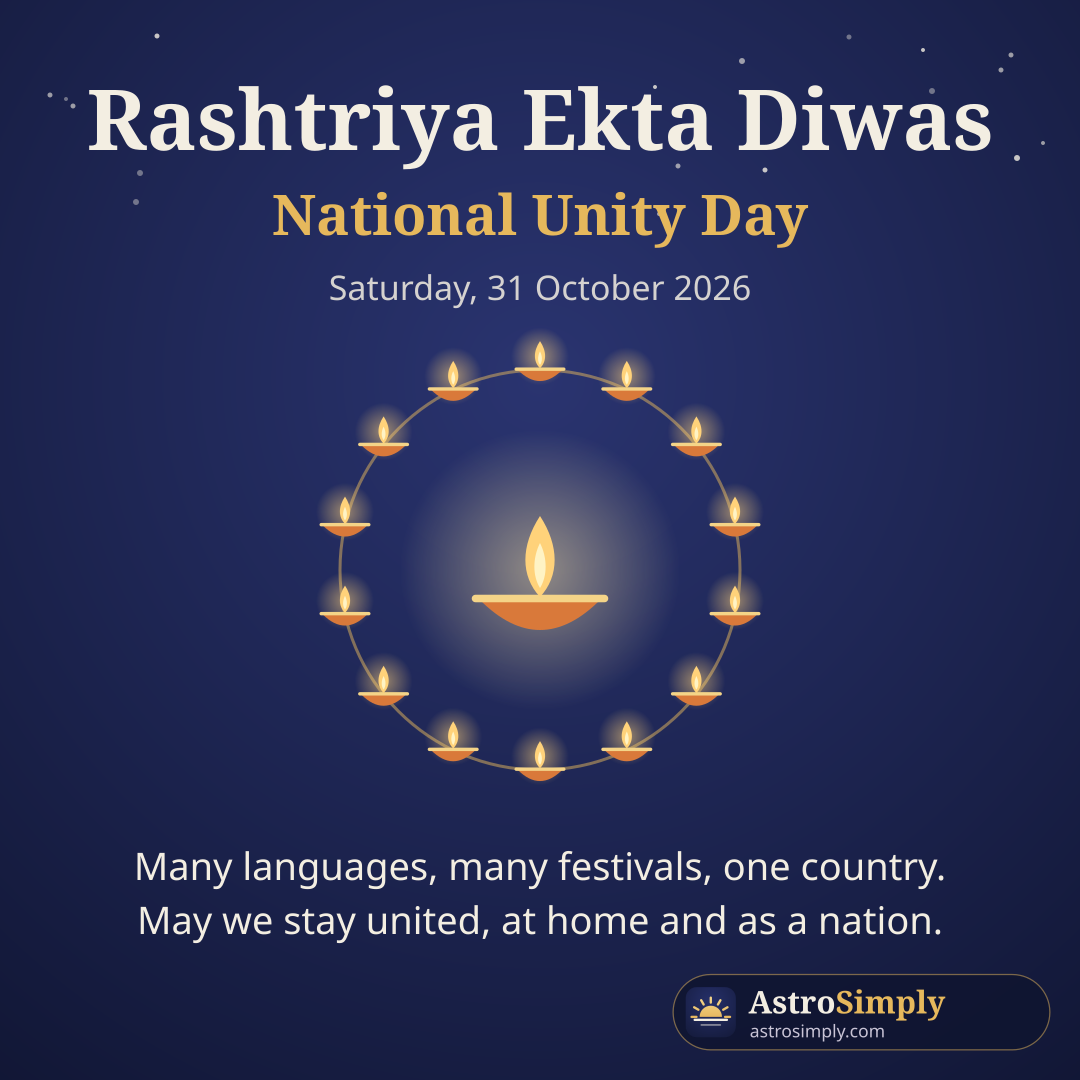 Rashtriya Ekta Diwas greeting with a circle of linked lamps, Saturday 31 October 2026