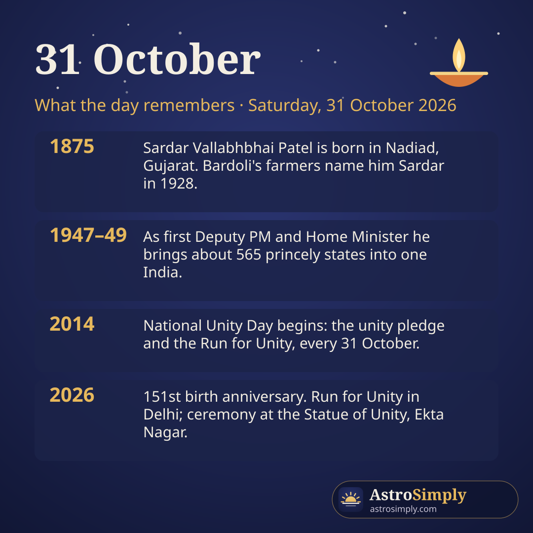 What 31 October commemorates: Sardar Patel born 1875 in Nadiad, the integration of over 560 princely states, National Unity Day since 2014