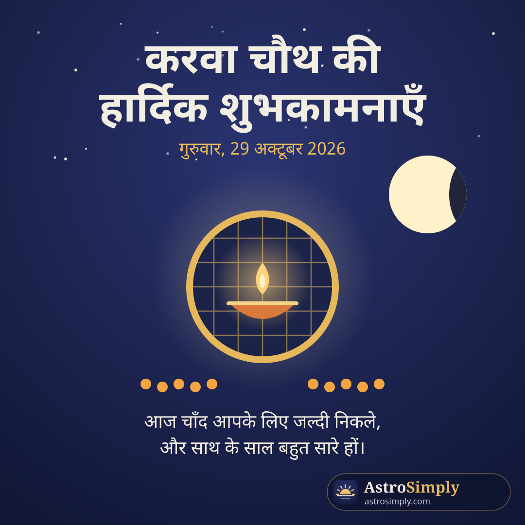 करवा चौथ की शुभकामनाएँ: छलनी में दीया और उगता चाँद, गुरुवार 29 अक्टूबर 2026
